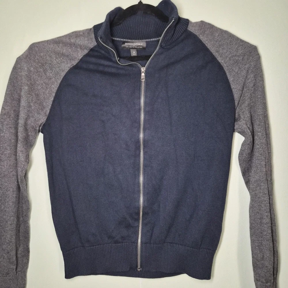 BANANA REPUBLIC Gray Heather Blue Cotton Baseball Sweater‎ Jacket Size M